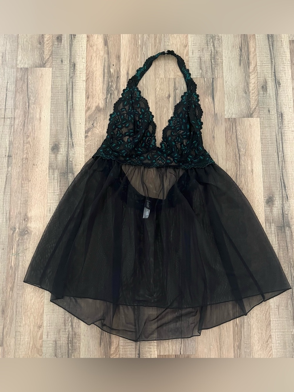 Frederick’s Of Hollywood Emerald Floral Halter Black Mesh Babydoll Nightie
